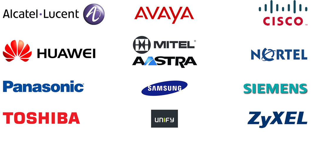 Logos of the companies Telecom Resource work with (Alcatel-Lucent, Avaya, Cisco, Huawei, Mitel/Aastra, Nortel, Panasonic, Samsung, Siemens, Toshiba, Unify, Zyxel)
